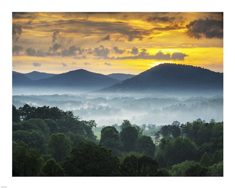 Framed Asheville NC Blue Ridge Mountains Sunset and Fog Landscape Print