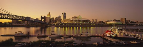 Framed Buildings in a city lit up at dusk, Cincinnati, Ohio, USA Print