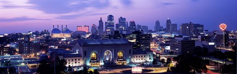 Framed Union Station at sunset with city skyline in background, Kansas City, Missouri Print