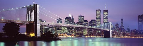 Framed Bridge at dusk, Brooklyn Bridge, East River, World Trade Center, Wall Street, Manhattan, New York City, New York State, USA Print