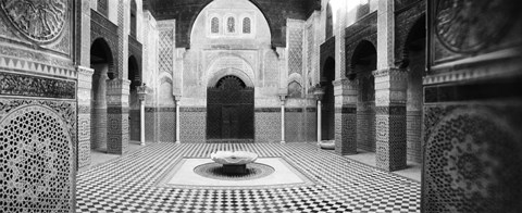 Framed Interiors of a medersa, Medersa Bou Inania, Fez, Morocco (black and white) Print