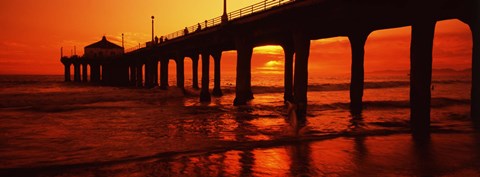 Framed Silhouette of a pier at sunset, Manhattan Beach Pier, Manhattan Beach, Los Angeles County, California, USA Print