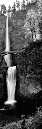 Framed Footbridge in front of a waterfall, Multnomah Falls, Columbia River Gorge, Multnomah County, Oregon (black and white) Print