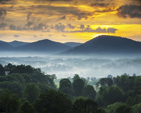 Framed Asheville NC Blue Ridge Mountains Sunset and Fog Landscape Print