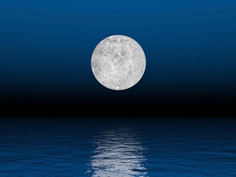 Framed Beautiful full moon against a deep blue sky over the ocean Print