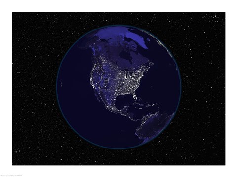Framed Satellite view of the Earth showing city lights at night Print