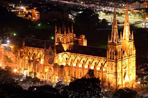 Framed St Mary&#39;s Cathedral at Night,  Sydney, Australia Print