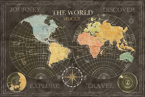 Framed Old World Journey Map Black Print