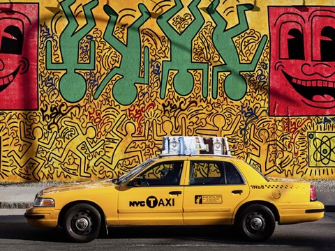 Framed Taxi and Mural painting, NYC Print