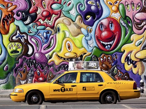 Framed Taxi and Mural painting in Soho, NYC Print