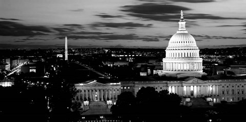 Framed High angle view of a city lit up at dusk, Washington DC Print