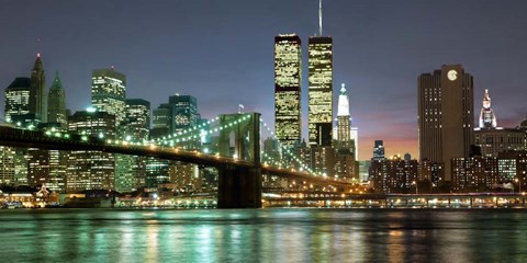 Framed Brooklyn Bridge and Twin Towers at Night Print