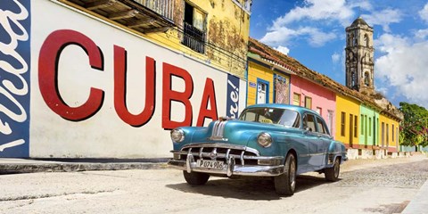 Framed Vintage Car and Mural, Cuba Print