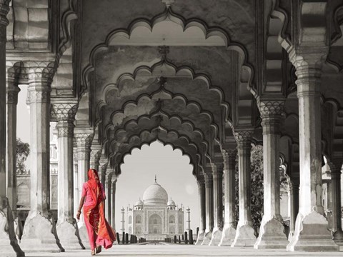 Framed Woman in traditional Sari walking towards Taj Mahal (BW) Print