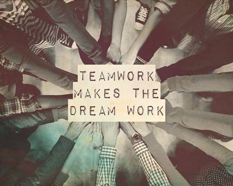 Framed Teamwork Makes The Dream Work Stacking Hands Black and White Print