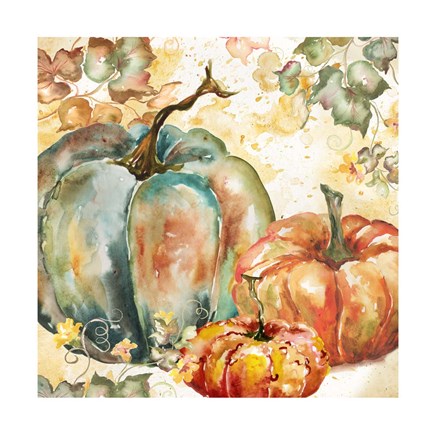 Framed Watercolor Harvest Teal and Orange Pumpkins I Print