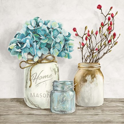 Framed Floral Composition with Mason Jars I Print