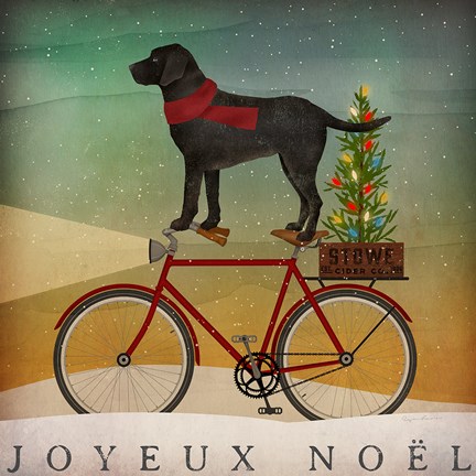 Framed Black Lab on Bike Christmas Print