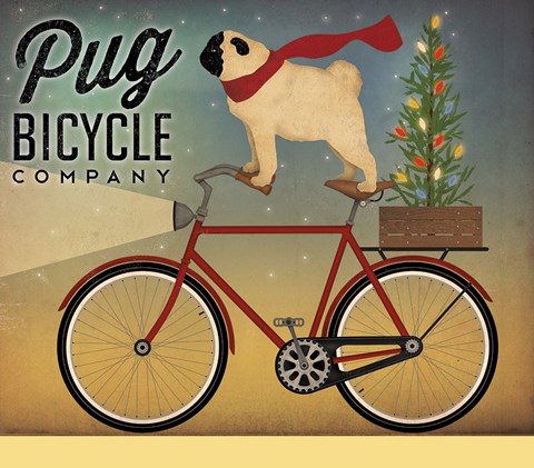 Framed Pug on a Bike Christmas Print