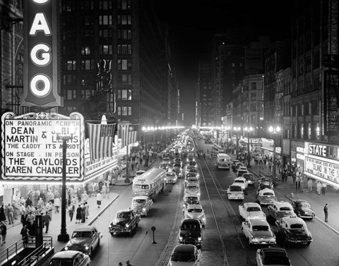 Framed 1950s 1953 Night Scene Of Chicago State Street Print