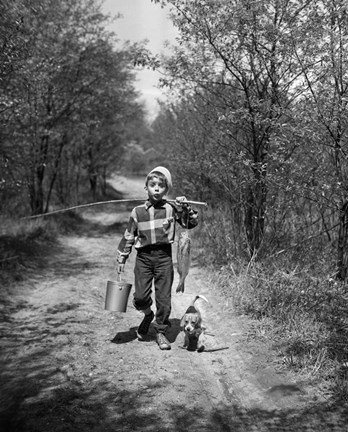 Framed 1950s Boy With Beagle Puppy Print