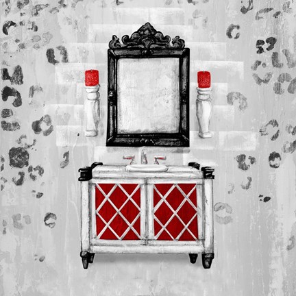 Framed Red Antique Mirrored Bath Square I Print