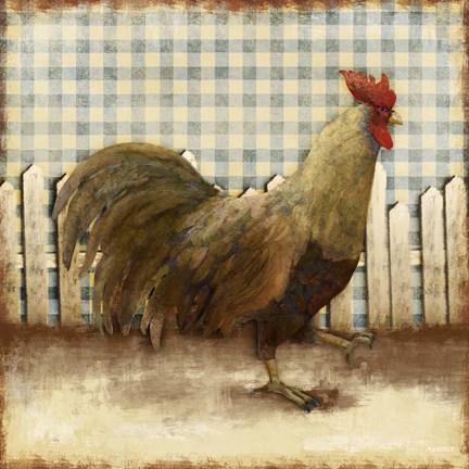 Framed Rooster on Damask I Print