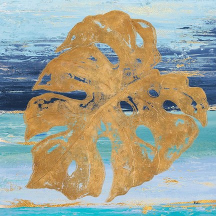 Framed Gold and Teal Leaf Palm II Print