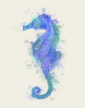 Framed Seahorse Rainbow Splash Blue Print