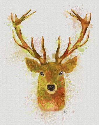 Framed Deer Head 1 Rainbow Splash Red and Gold Print
