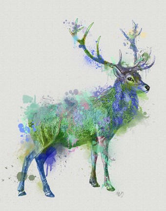 Framed Deer 1 Rainbow Splash Green Blue Print