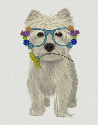 Framed West Highland Terrier Flower Glasses Print