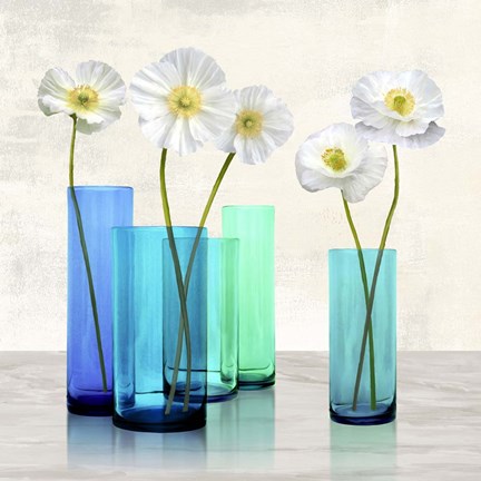 Framed Poppies in crystal vases (Aqua I) Print