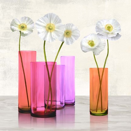 Framed Poppies in crystal vases (Purple I) Print