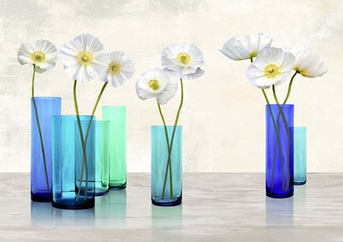 Framed Poppies in crystal vases (Aqua palette) Print
