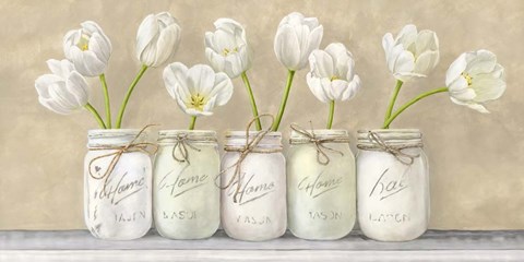 Framed White Tulips in Mason Jars Print