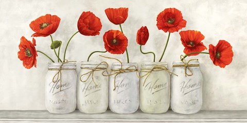 Framed Red Poppies in Mason Jars Print