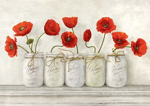 Framed Red Poppies in Mason Jars Print