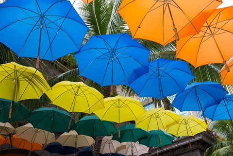 Framed Mauritius, Port Louis, Caudan Waterfront Area With Colorful Umbrella Covering Print