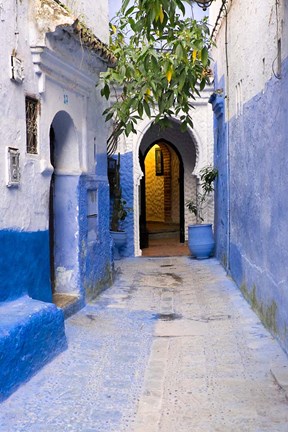 Framed Morocco, Chaouen Narrow Street Lined With Blue Buildings Print