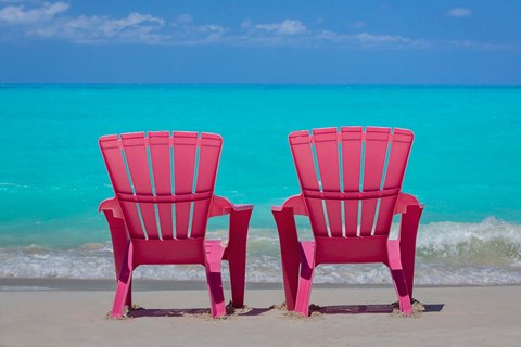 Framed Bahamas, Little Exuma Island Pink Chairs On Beach Print