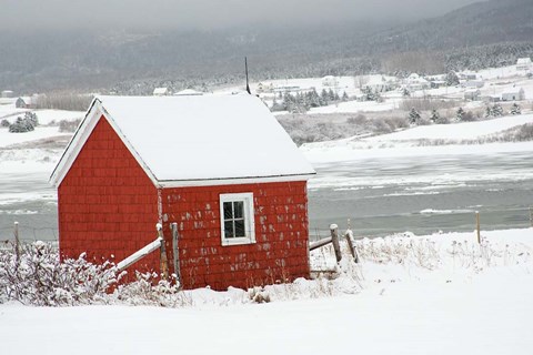 Framed North America, Canada, Nova Scotia, Cape Breton, Cabot Trail, Red Shed In Winter Print