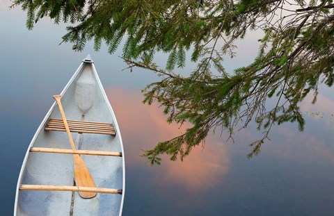 Framed Canada, Quebec, Eastman Canoe On Lake At Sunset Print