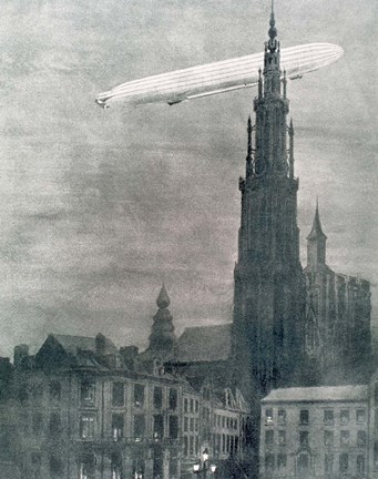 Framed WORLD WAR I (1914-1918) First German Zeppelin Over Antwerp Print