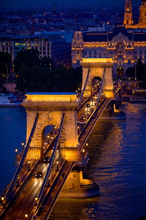 Framed Hungary, Budapest Chain Bridge Lit At Night Print