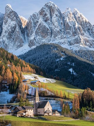 Framed Church Sankt Magdalena In Villnoess Valley In Autumn, Geisler Mountains Italy Print