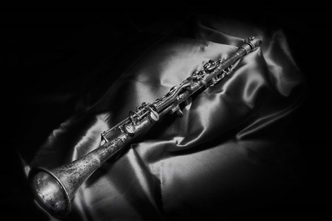 Framed Black And White Still-Life Image Of A Brass Clarinet Print