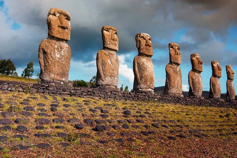 Framed Easter Island, Chile A Row Of Moai Statues Print