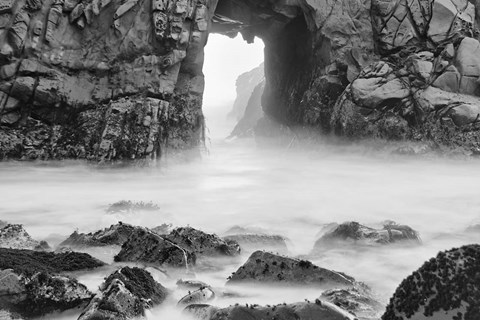 Framed California, Pfeiffer Beach, Foggy Coast (BW) Print