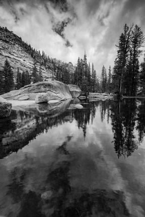 Framed Reflective Lake At Yosemite NP (BW) Print